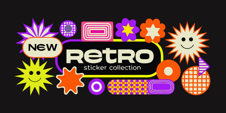 Retro sticker collection with geometric shapes and floral ornaments vibrant vector illustration 1980s eighties stickers