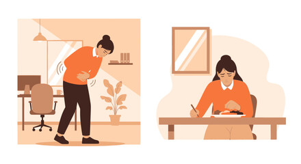 Fototapeta premium Woman Experiencing Digestive Issues and Discomfort After Meals at Workplace