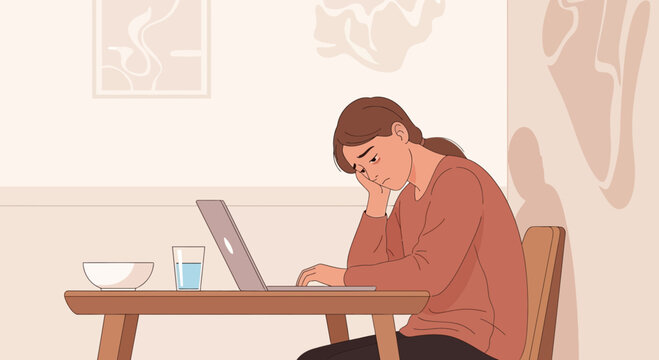 Woman Experiencing Burnout While Working On Laptop, Feeling Overwhelmed and Stressed