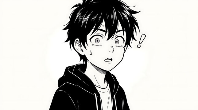Manga style illustration of a shocked young boy with dark hair and sweat