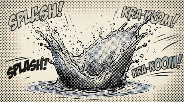 A burst of water creates a splash with halftone details and explosion sounds.