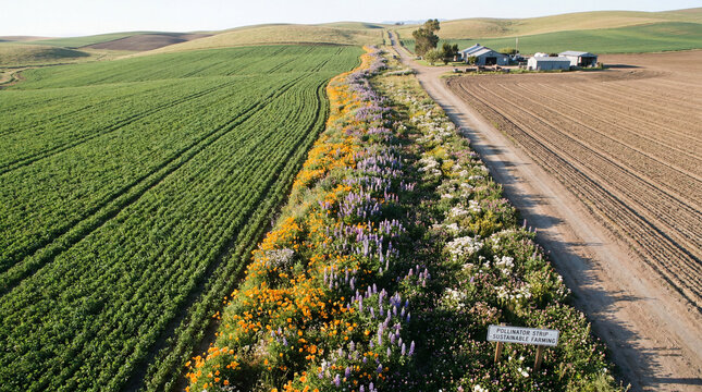 Pollinator strip with wild flower planted in farm field. Sustainable agriculture initiative for ecosystem health and biodiversity conservation. Organic crop production and environmental practice.