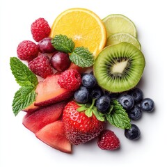 Obraz premium Fresh Mixed Fruit Arrangement with Strawberries Raspberries Blueberries Kiwi Orange and Watermelon