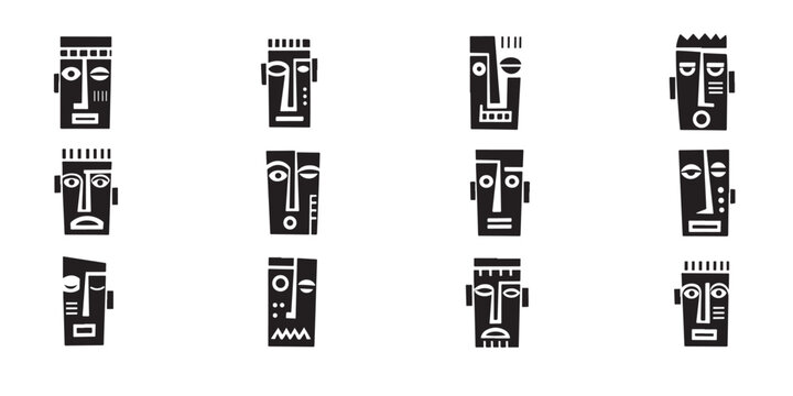 Abstract minimalist tribal mask icon set in black and white hand drawn style
