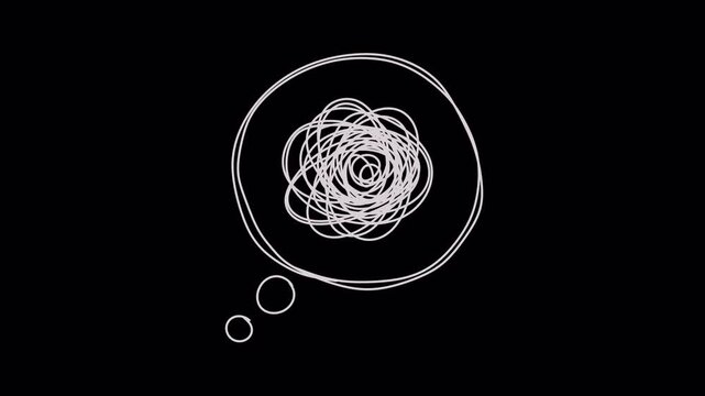White scribble thought bubble animated loop on alpha channel, boiling line effect. For conceptual videos about mental health, confusion, anxiety, brainstorming, complex thoughts, problem-solving.