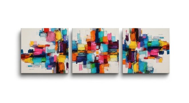 Vibrant abstract art triptych with colorful pixelated patterns on white background