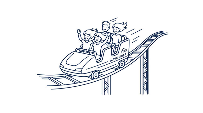 Happy group of friends riding a roller coaster at an amusement park line art illustration