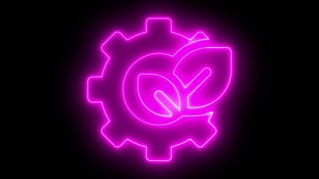 Neon eco-friendly gear animation: sustainable technology and green energy concept glowing leaf