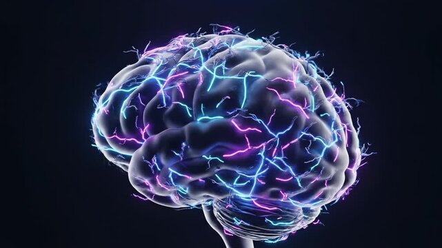 glowing brain with electrical neural network connections, representing thoughts, intelligence, and digital communication on dark background