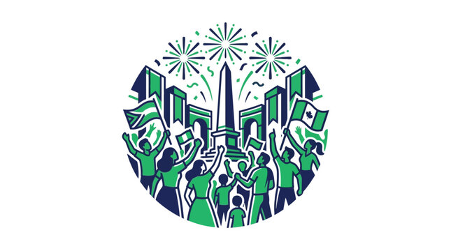 Stylized vector illustration of a crowd celebrating with fireworks and flags in a city square