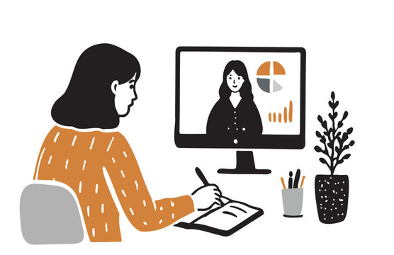 Modern flat illustration of a woman working remotely at a desk. Female freelancer watching an online presentation on a computer monitor, taking notes in a notebook. Home office, online learning