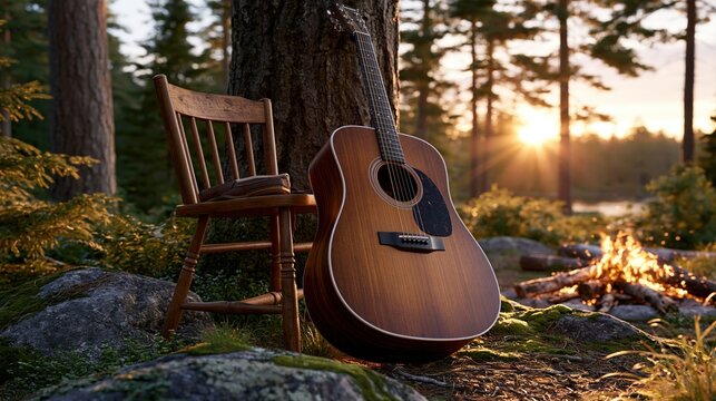 Acoustic guitar and wooden chair by a campfire in a forest at sunset, serene outdoor scene.