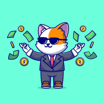 Cute Cat Businessman With Money Cartoon