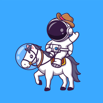 Cute Astronaut Cowboy Riding Horse Cartoon
