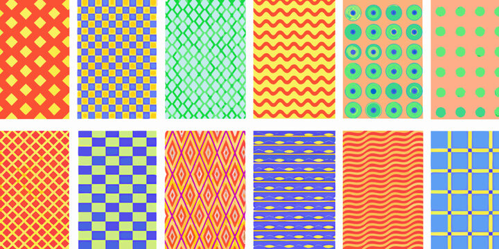 Geometric pattern collection featuring squares diamonds and wavy lines on colored backgrounds patterns abstract repeating