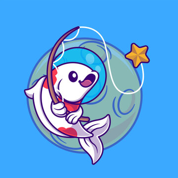 Cute Fish Koi Fishing Star in Space Cartoon 