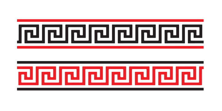 Two decorative horizontal greek key meander border line patterns with geometric