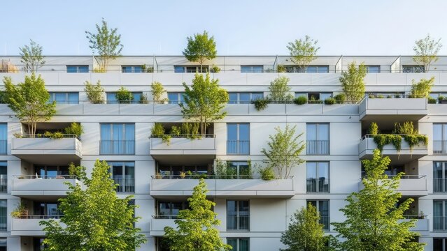 Modern apartment building facade with green trees on balconies