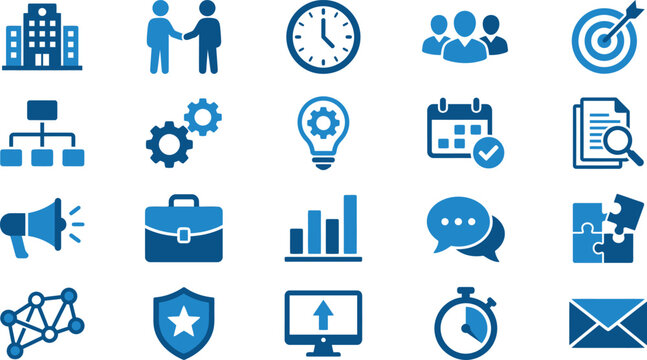Corporate network and business analytics blue flat icon grid security database communication symbols"