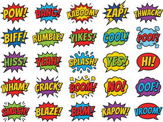 Comic book explosion sound effects speech bubbles collection pop art dynamic elements stickers set" © Monjurul