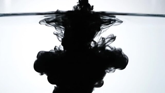 Black ink drops into clear water, gracefully swirling and diffusing into intricate, dark plumes against a bright white background, showcasing fluid dynamics in high contrast.