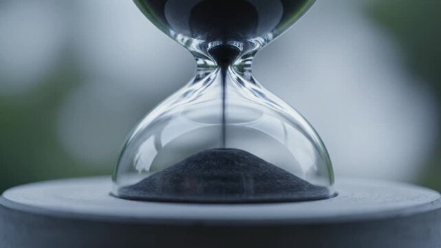 Cinematic close-up of a glass hourglass as black sand trickles down, accumulating in the bottom bulb. Set against a soft bokeh background, it captures the relentless passage of time.