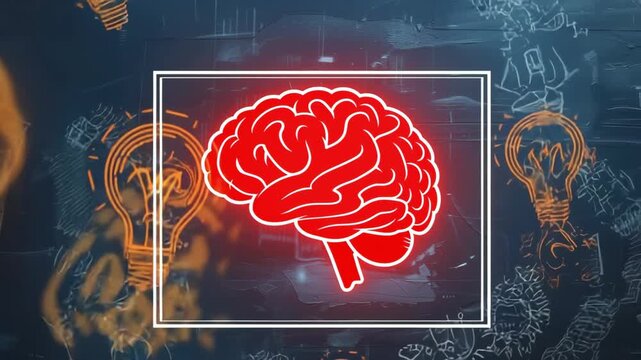 Glowing red neon brain in a frame surrounded by lightbulb doodles on a dark wall, artificial intelligence, idea concept, innovation, creative thinking.