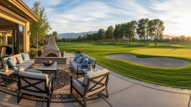 Scenic outdoor patio overlooking green golf course at sunset.
