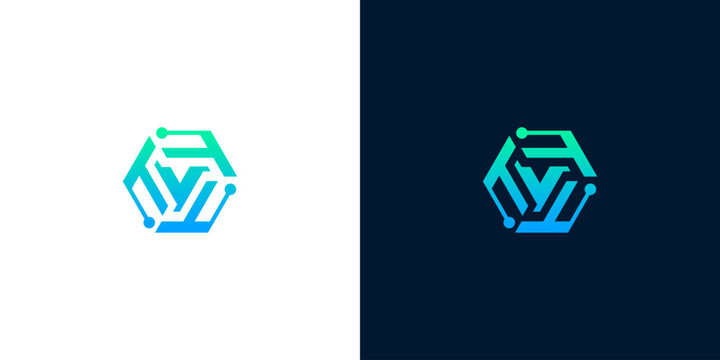 Modern Hexagonal Digital Technology Logo Design with Abstract Lettering and Circuitry Elements