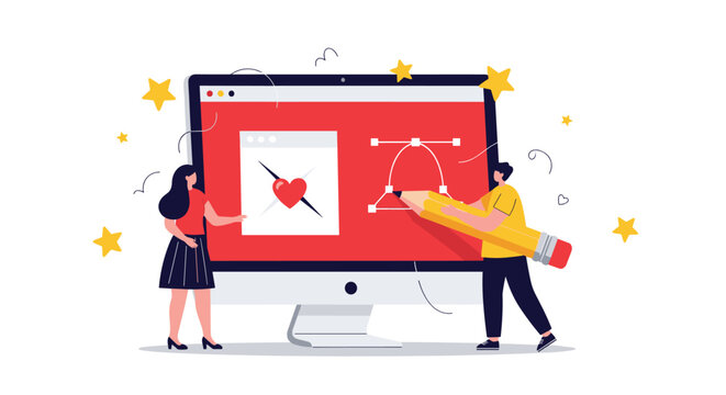 Creative graphic design concept showing people working together on a large computer monitor with a pencil, heart icon, and geometric shapes.