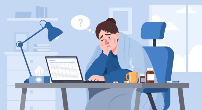 Woman Experiencing Ailing Illness While Working At Home With Laptop and Medication