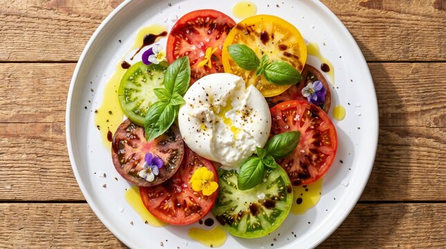 Fresh burrata cheese salad with heirloom tomatoes, basil leaves, edible flowers, olive oil and balsamic glaze on a white plate