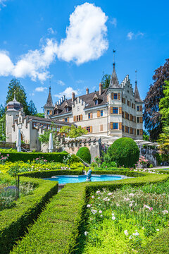 Views of Schloss Seeburg castle at Lake Constance in Kreuzlingen with gardens and clear blue sky during daytime in canton Thurgau, Switzerland