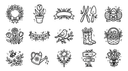 Obraz premium Gardening tools and flowers icons set.