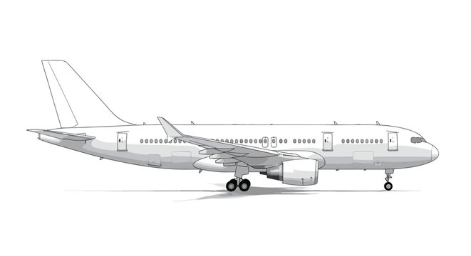 Precise side-view illustration of a large commercial passenger airplane on a white background with subtle shadows.