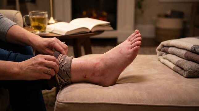 Closeup of a person putting on a compression sock on a swollen foot with skin irritation