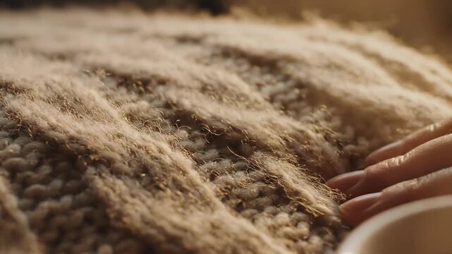 Close up of warm beige knitted wool fabric texture.
