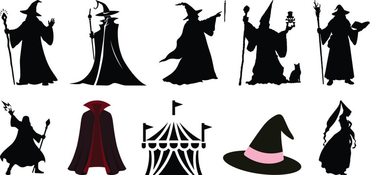 Fantasy cape icon set , vectors of magical headwear, wizard hats fairy tale crowns silhouette with stylized cape aesthetic sorcerer helmets enchanted accessories and mythical costume elements for game