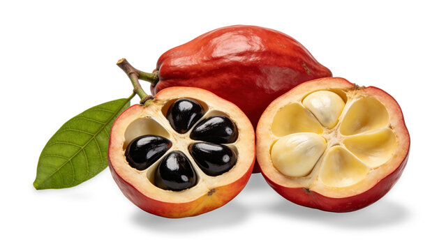 Fresh Ackee Fruit with Seeds and Flesh Isolated on White Background &ndash; Exotic Tropical Fruit JPG.