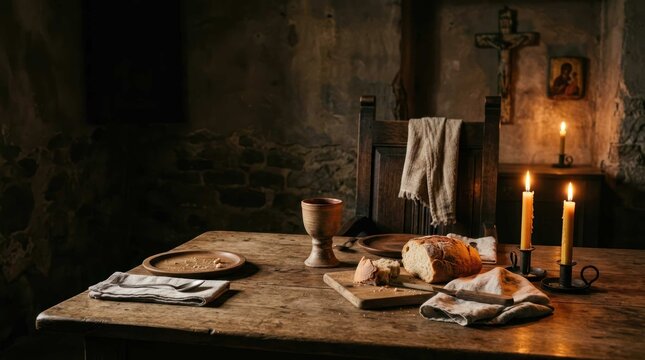 Rustic medieval table setting with bread and chalice in a dimly lit stone room
