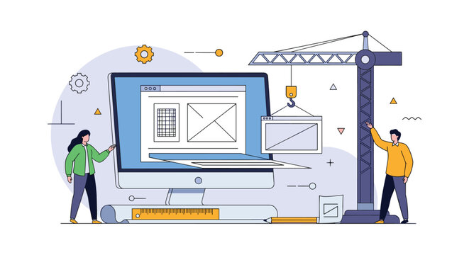 Web development and design process illustration with workers building a website layout using a heavy crane.