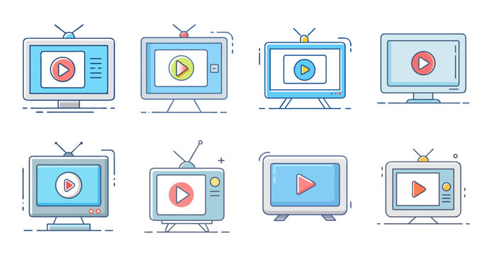 Modern flat screen tvs with streaming icons - Colorful set of flat screen TV icons displaying streaming media apps in a clean, modern style.