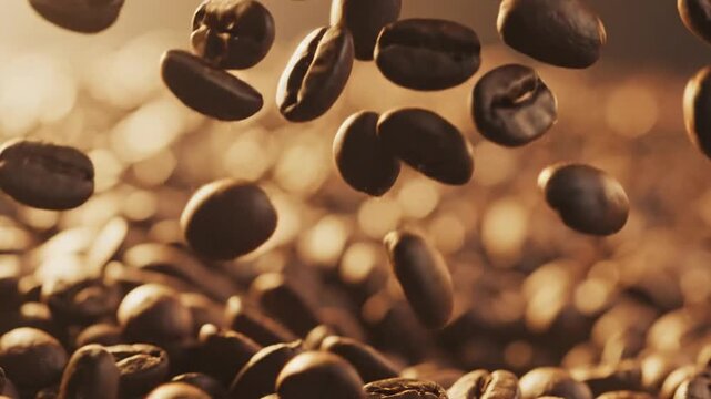 Close up shot of roasted brown coffee beans pile.