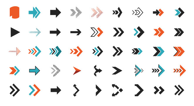 Large collection of different arrow styles and directional symbols in various colors for graphic design projects.