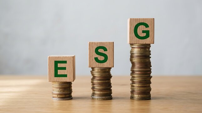 Esg letters on wooden blocks stacked on coins, representing environmental, social, and governance investment and sustainability concepts
