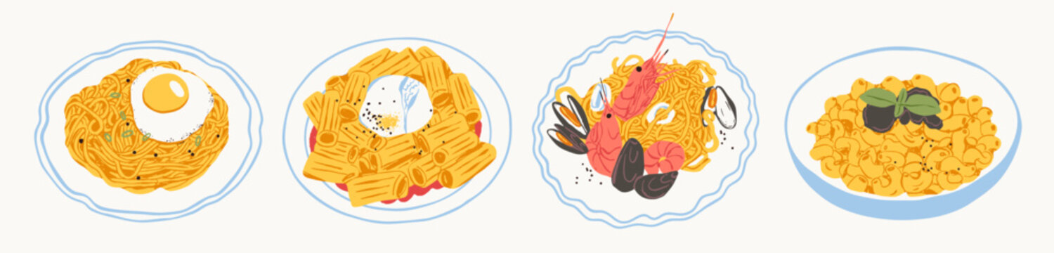 Set of various plates of Pasta. Different types, shapes. Pasta with egg, burrata, sea food, truffle. Hand drawn trendy Vector illustration. Isolated design elements. Cafe, restaurant menu concept