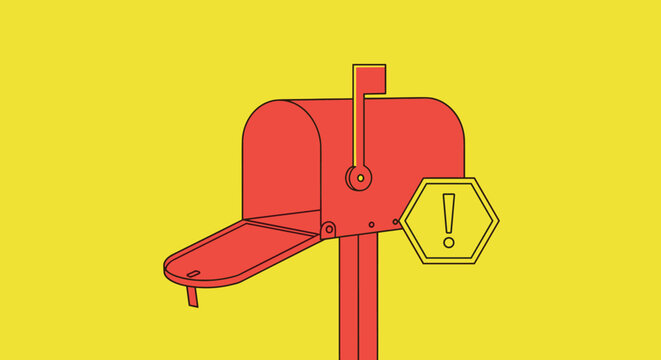 Traditional red mailbox with an open lid and a yellow hexagonal warning sign containing an exclamation mark on yellow.