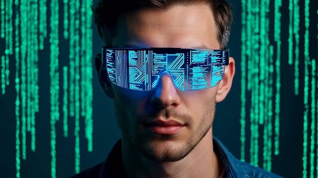 Man wearing futuristic glasses with digital code
