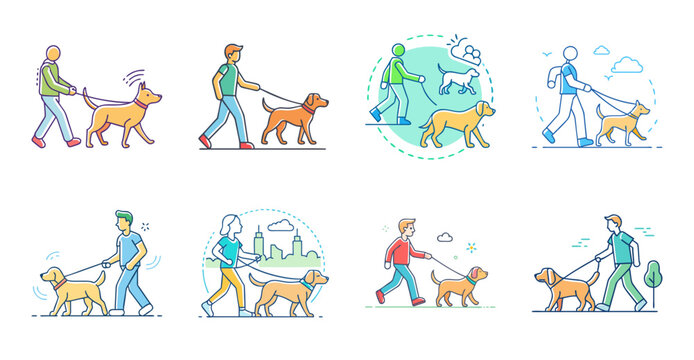 Colorful cartoon dogs and cats with leashes walking together - Playful cartoon pets including dogs and cats on leashes walking in a cheerful, vibrant outdoor setting.