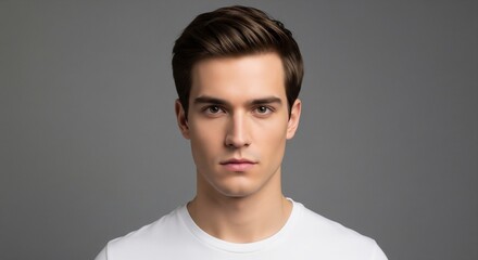 Fototapeta premium A frontal passport-style portrait of a handsome young man with dark hair, wearing a white t-shirt and looking calm against a neutral grey background